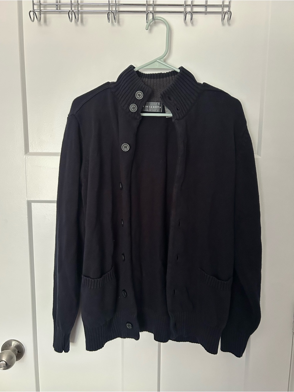 Oscar de la Renta Navy Ribbed Collar Cardigan